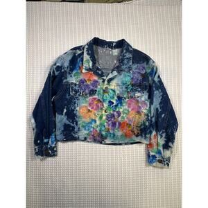 Exit 51 Hand Painted Denim Jacket Cropped One of a Kind Unique Art Festival Boho